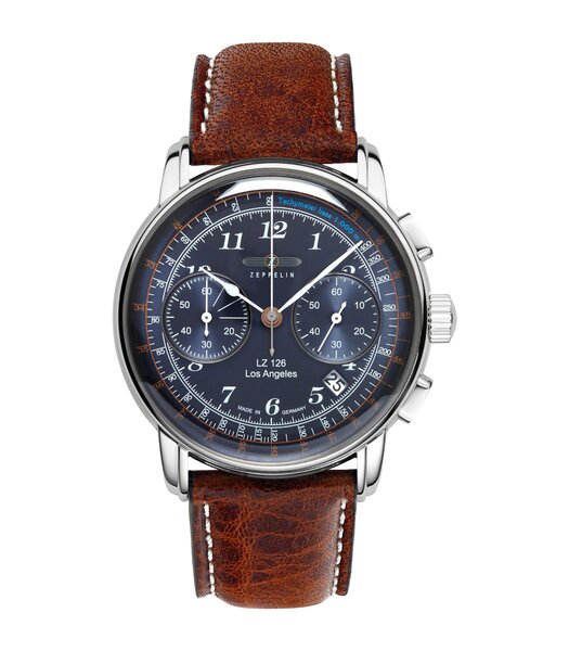 Montre ZEPPELIN LZ126 LOS ANGELES Homme 7614-3 Analogue Cadran MINERAL Bleu Bracelet Cuir Brun Boucle ardillon Etanchéité 5ATM
