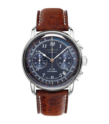 Montre ZEPPELIN LZ126 LOS ANGELES Homme 7614-3 Analogue Cadran MINERAL Bleu Bracelet Cuir Brun Boucle ardillon Etanchéité 5ATM