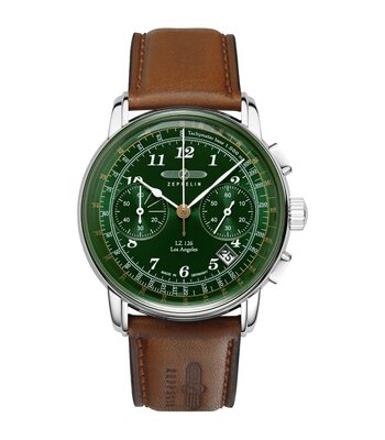 Montre ZEPPELIN LZ126 LOS ANGELES Homme 7614-4 Analogue Cadran MINERAL Vert Bracelet Cuir Brun Boucle ardillon Etanchéité 5BAR