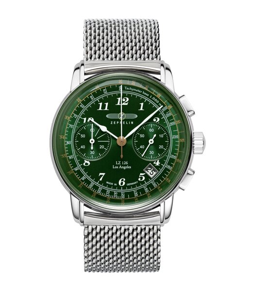 Montre ZEPPELIN LZ126 LOS ANGELES Homme 7614M-4 Analogique Cadran Minéral Vert Bracelet Milanais Argenté Boucle déployante Etanchéité 5 BAR