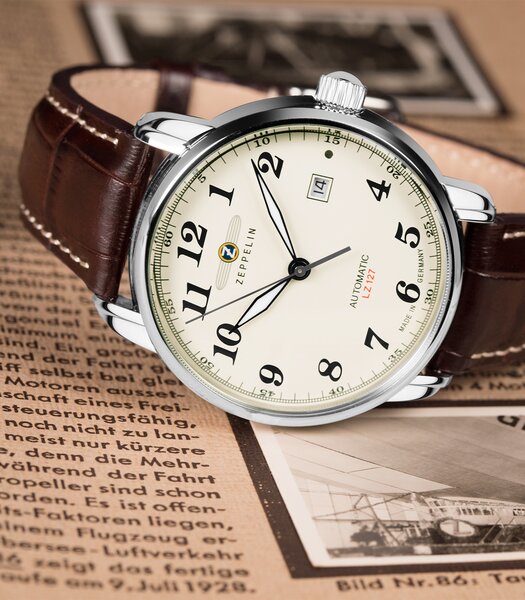 Montre ZEPPELIN LZ127 GRAF ZEPPELIN Homme 7656-5 Analogue Cadran MINERAL Beige Bracelet Cuir Brun Boucle ardillon Etanchéité 5ATM