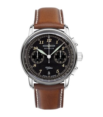 Montre ZEPPELIN 100 JAHRE ZEPPELIN Homme 7674-3 Analogue Cadran MINERAL Noir Bracelet Cuir Camel Boucle ardillon Etanchéité 5ATM