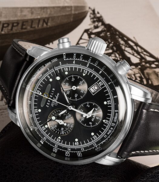 Montre ZEPPELIN 100 JAHRE ZEPPELIN Homme 7680-2 Analogue Cadran MINERAL Noir Bracelet Cuir Brun Boucle ardillon Etanchéité 5ATM
