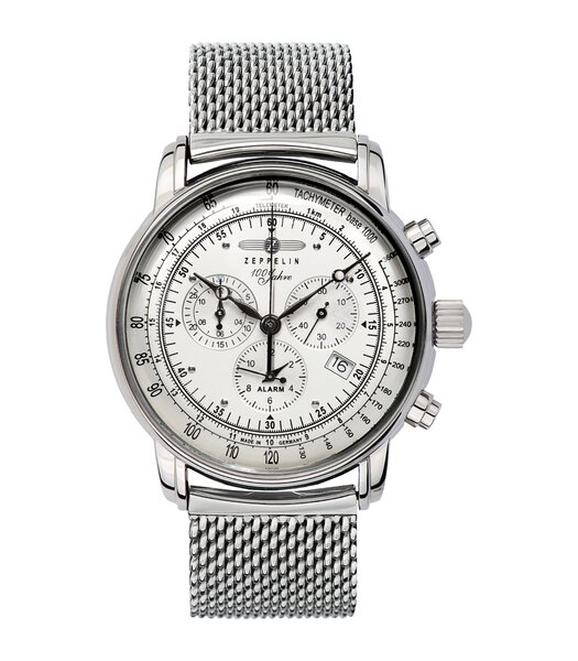 Montre ZEPPELIN 100 JAHRE ZEPPELIN Homme 7680M-1 Analogue Cadran MINERAL Blanc Bracelet Milanais Acier BOUCLE DEPLOYANTE Etanchéité 5ATM