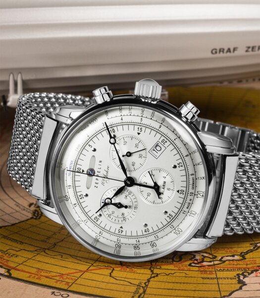 Montre ZEPPELIN 100 JAHRE ZEPPELIN Homme 7680M-1 Analogue Cadran MINERAL Blanc Bracelet Milanais Acier BOUCLE DEPLOYANTE Etanchéité 5ATM