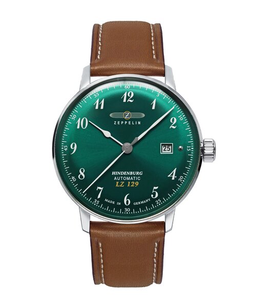 Montre ZEPPELIN LZ 129 HINDENBURG Homme 8056-4 Analogue Cadran MINERAL Vert Bracelet Cuir Brun Boucle ardillon Etanchéité 5BAR
