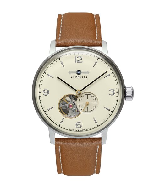 Montre ZEPPELIN HINDENBURG OPEN HEART Homme 8066-5n Analogue Cadran MINERAL Beige Bracelet Cuir Brun Boucle ardillon Etanchéité 5BAR
