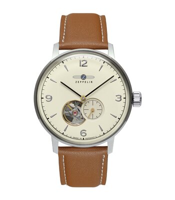 Montre ZEPPELIN HINDENBURG OPEN HEART Homme 8066-5n Analogue Cadran MINERAL Beige Bracelet Cuir Brun Boucle ardillon Etanchéité 5BAR