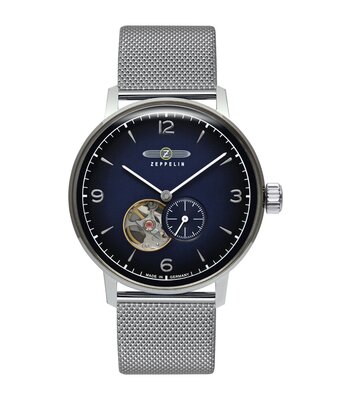 Montre ZEPPELIN HINDENBURG OPEN HEART Homme 8066M-3n Analogue Cadran MINERAL Bleu Bracelet Acier Acier Clip / clasp Etanchéité 5BAR