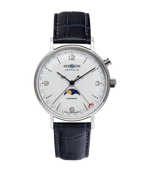 Montre ZEPPELIN HINDENBURG MONDPHASE Homme 8076-1 Analogue Cadran MINERAL Blanc Bracelet Cuir Noir Boucle ardillon Etanchéité 5BAR