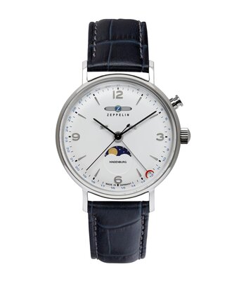 Montre ZEPPELIN HINDENBURG MONDPHASE Homme 8076-1 Analogue Cadran MINERAL Blanc Bracelet Cuir Noir Boucle ardillon Etanchéité 5BAR