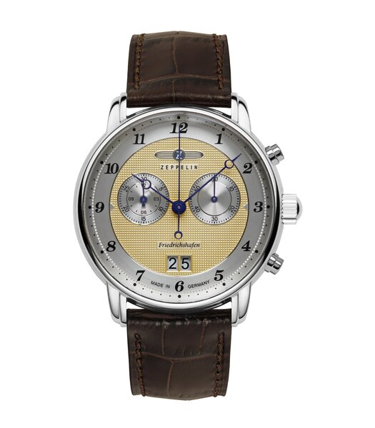 Montre ZEPPELIN FRIEDRICHSHAFEN Homme 8584-5 Analogue Cadran MINERAL Doré Bracelet Cuir Brun Etanchéité 5BAR