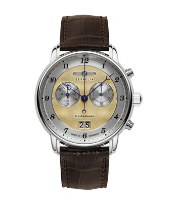Montre ZEPPELIN FRIEDRICHSHAFEN Homme 8584-5 Analogue Cadran MINERAL Doré Bracelet Cuir Brun Etanchéité 5BAR