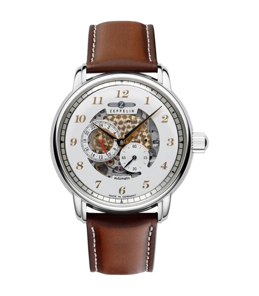 Montre ZEPPELIN NEW CAPTAIN'S LINE Homme 8658-1 Analogue Cadran MINERAL Blanc Bracelet Cuir Brun Boucle ardillon Etanchéité 5BAR