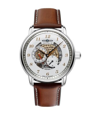 Montre ZEPPELIN NEW CAPTAIN'S LINE Homme 8658-1 Analogue Cadran MINERAL Blanc Bracelet Cuir Brun Boucle ardillon Etanchéité 5BAR