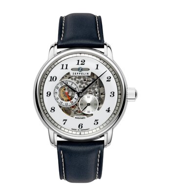 Montre ZEPPELIN NEW CAPTAIN'S LINE Homme 8658-3 Analogue Cadran MINERAL Blanc Bracelet Cuir Bleu Boucle déployante Etanchéité 5BAR