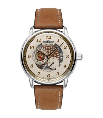 Montre ZEPPELIN NEW CAPTAIN'S LINE Homme 8658-5 Analogue Cadran MINERAL Beige Bracelet Cuir Brun Boucle déployante Etanchéité 5BAR