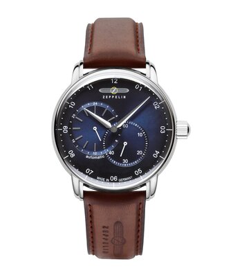 Montre ZEPPELIN NEW CAPTAIN'S LINE Homme 8662-3 Analogue Cadran MINERAL Bleu Bracelet Cuir Brun Boucle ardillon Etanchéité 5BAR