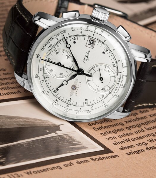 Montre ZEPPELIN 100 JAHRE ZEPPELIN Homme 8670-1 Analogue Cadran MINERAL Blanc Bracelet Cuir Brun Boucle ardillon Etanchéité 5ATM