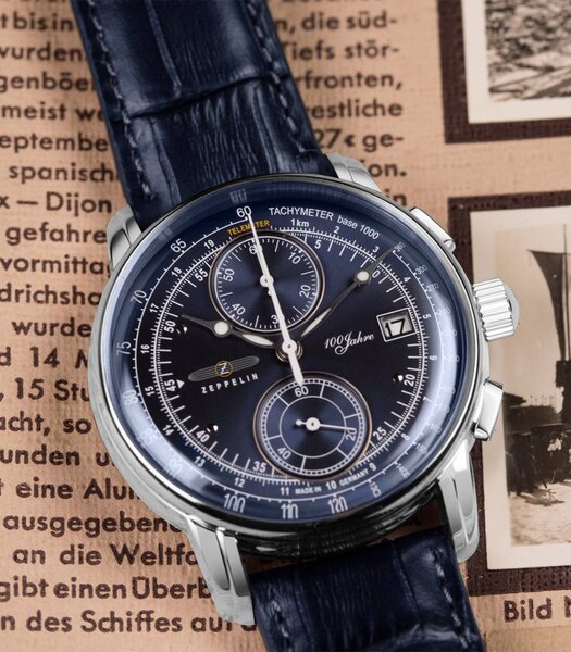 Montre ZEPPELIN 100 JAHRE ZEPPELIN Homme 8670-3 Analogue Cadran MINERAL Bleu Bracelet Cuir Bleu Boucle ardillon Etanchéité 5BAR