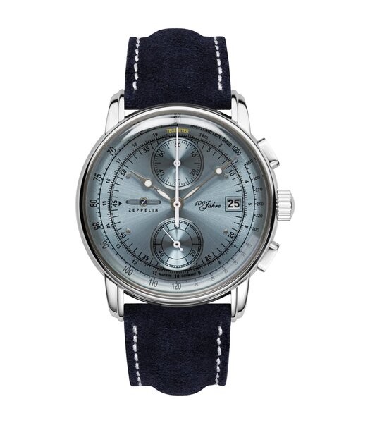 Montre ZEPPELIN 100 JAHRE ZEPPELIN Homme 8670-4 Analogique Cadran Minéral Argenté Bracelet Cuir Bleu Boucle ardillon Etanchéité 5 BAR