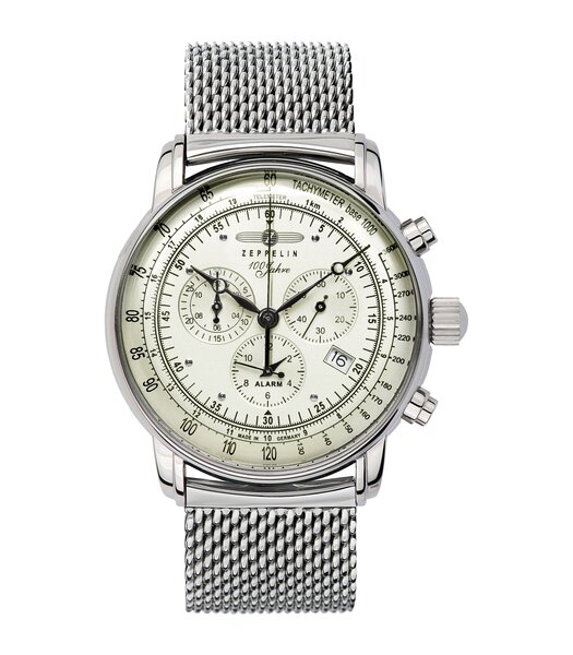 Montre ZEPPELIN 100 JAHRE ZEPPELIN Homme 8680M-3 Analogue Cadran MINERAL Blanc Bracelet Acier inoxydable Argenté Boucle déployante Etanchéité 5BAR