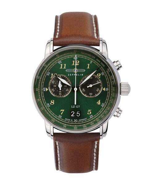 Montre ZEPPELIN LZ127 GRAF ZEPPELIN Homme 8684-4 Analogue Cadran MINERAL Vert Bracelet Cuir Camel Boucle ardillon Etanchéité 5ATM