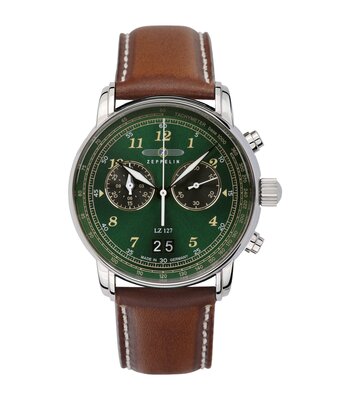 Montre ZEPPELIN LZ127 GRAF ZEPPELIN Homme 8684-4 Analogue Cadran MINERAL Vert Bracelet Cuir Camel Boucle ardillon Etanchéité 5ATM