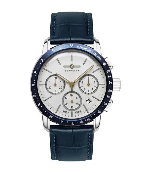 Montre ZEPPELIN NEW YORK Homme 8878-1 Analogue Cadran MINERAL Blanc Bracelet Cuir Bleu Etanchéité 5BAR