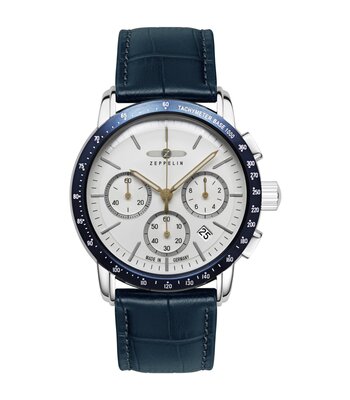 Montre ZEPPELIN NEW YORK Homme 8878-1 Analogue Cadran MINERAL Blanc Bracelet Cuir Bleu Etanchéité 5BAR