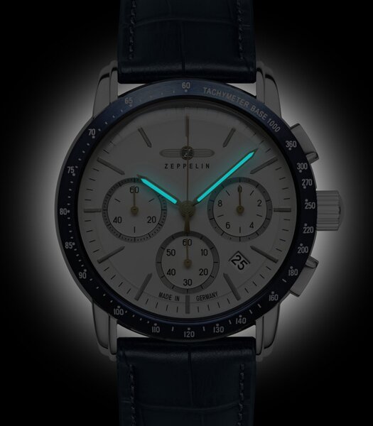 Montre ZEPPELIN NEW YORK Homme 8878-1 Analogue Cadran MINERAL Blanc Bracelet Cuir Bleu Etanchéité 5BAR