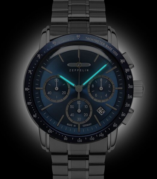 Montre ZEPPELIN NEW YORK Homme 8878MB-3 Analogue Cadran MINERAL Bleu Bracelet Acier inoxydable Argenté Etanchéité 5BAR