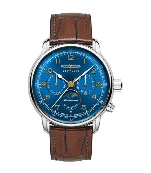 Montre ZEPPELIN MEDITERRANEE - BLUE Homme 9636-3 Analogue Cadran MINERAL Bleu Bracelet Cuir Brun Boucle ardillon Etanchéité 5BAR