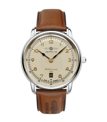 Montre ZEPPELIN MEDITERRANEE Homme 9640-5 Analogue Cadran MINERAL Beige Bracelet Cuir Brun Etanchéité 5BAR