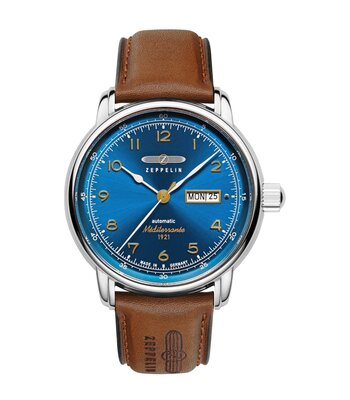 Montre ZEPPELIN MEDITERRANEE - BLUE Homme 9664-3 Analogue Cadran MINERAL Bleu Bracelet Cuir Brun Boucle ardillon Etanchéité 5BAR