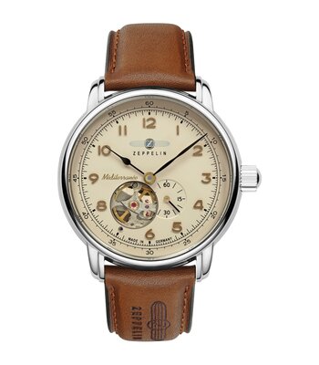 Montre ZEPPELIN MEDITERRANEE Homme 9666-5 Analogue Cadran MINERAL Beige Bracelet Cuir Brun Boucle déployante Etanchéité 5BAR