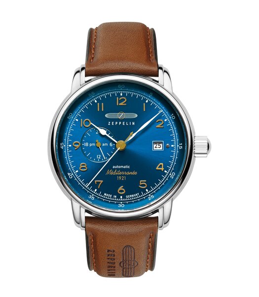 Montre ZEPPELIN MEDITERRANEE - BLUE Homme 9668-3 Analogue Cadran MINERAL Bleu Bracelet Cuir Brun Boucle ardillon Etanchéité 5BAR