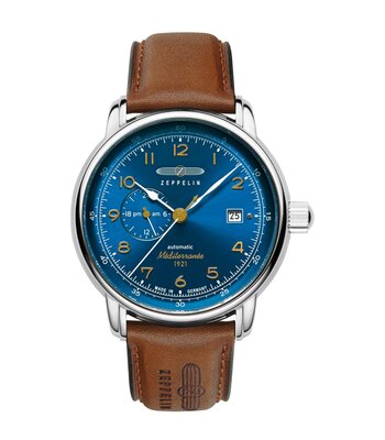 Montre ZEPPELIN MEDITERRANEE - BLUE Homme 9668-3 Analogue Cadran MINERAL Bleu Bracelet Cuir Brun Boucle ardillon Etanchéité 5BAR