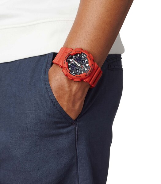 Montre CASIO G-SHOCK Homme GA-100B-4AER Analogue-Digital Cadran MINERAL Noir Bracelet RESINE Rouge Boucle ardillon Etanchéité 20BAR