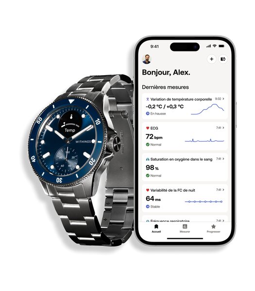 Montre Withings SCANWATCH NOVA Homme HWA10-07 Analogue-Digital Cadran Saphir Bleu Bracelet Acier inoxydable Acier Boucle déployante Etanchéité 10BAR