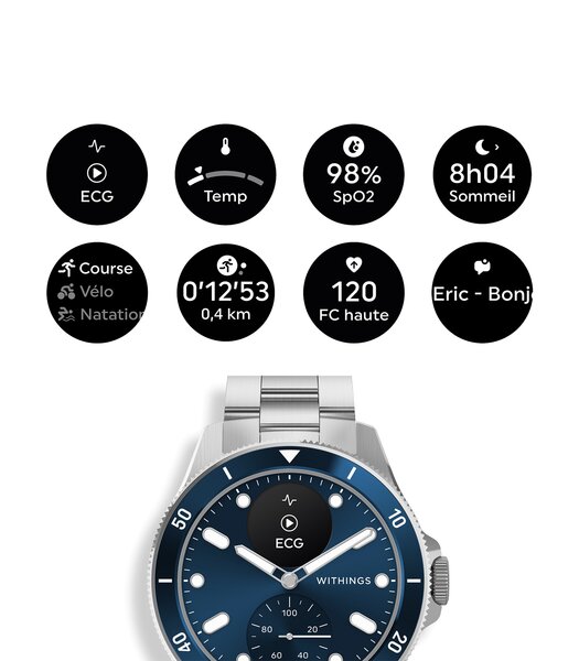 Montre Withings SCANWATCH NOVA Homme HWA10-07 Analogue-Digital Cadran Saphir Bleu Bracelet Acier inoxydable Acier Boucle déployante Etanchéité 10BAR