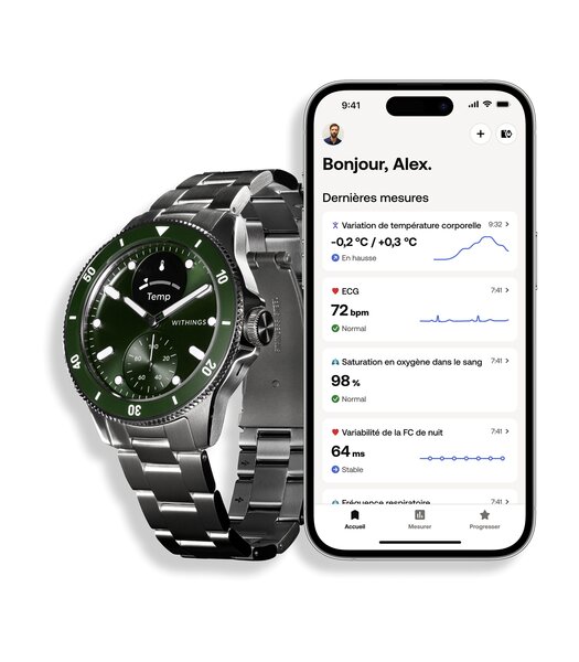 Montre Withings SCANWATCH NOVA Homme HWA10-08 Analogue-Digital Cadran Saphir Vert Bracelet Acier inoxydable Acier Etanchéité 10BAR