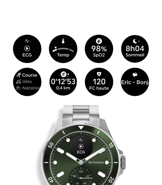 Montre Withings SCANWATCH NOVA Homme HWA10-08 Analogue-Digital Cadran Saphir Vert Bracelet Acier inoxydable Acier Etanchéité 10BAR
