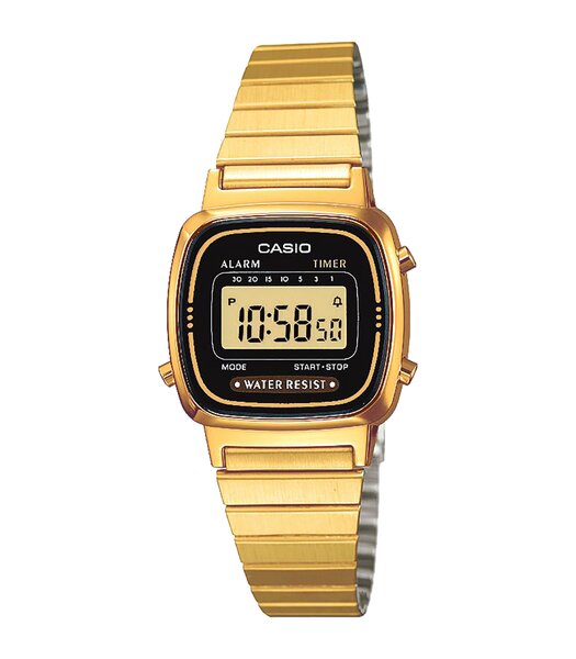 Horloge CASIO CASIO COLLECTION RETRO Unisex LA670WEGA-1EF Digitaal Behuizing Acryl Zwart Bracelette Roestvrij staal Geelgoudkleurig Clip / clasp