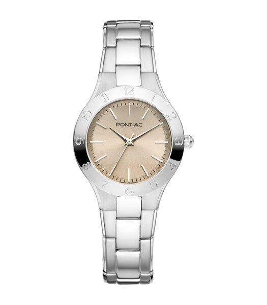 Horloge PONTIAC AURIGA Dames P10101 Analoog Behuizing Saffier Bruin Bracelette Staal Grijs BOUCLE DEPLOYANTE Etanchéiteiten 5ATM