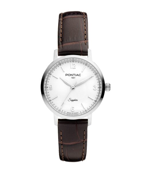 Montre PONTIAC LILY Femme P10124 Analogique Cadran Saphir Blanc Bracelet Cuir Brun Boucle ardillon Etanchéité 5 ATM