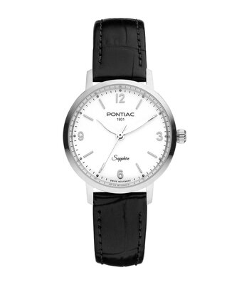 Montre PONTIAC LILY Femme P10132 Analogue Cadran Saphir Blanc Bracelet Cuir Acier Boucle ardillon Etanchéité 5ATM