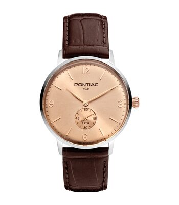 Montre PONTIAC ARTHUR Homme P20064 Analogue Cadran Saphir Or rose Bracelet Cuir Brun Boucle ardillon Etanchéité 5ATM