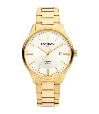 Montre PONTIAC DRACO Homme P20083 Analogique Cadran Saphir Blanc Bracelet Acier inoxydable Or jaune Boucle déployante Etanchéité 5 ATM
