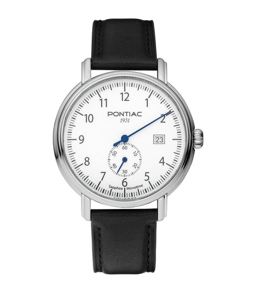 Montre PONTIAC MONOTIME Homme P20103 Analogue Cadran Saphir Blanc Bracelet Cuir Noir Boucle ardillon Etanchéité 5BAR